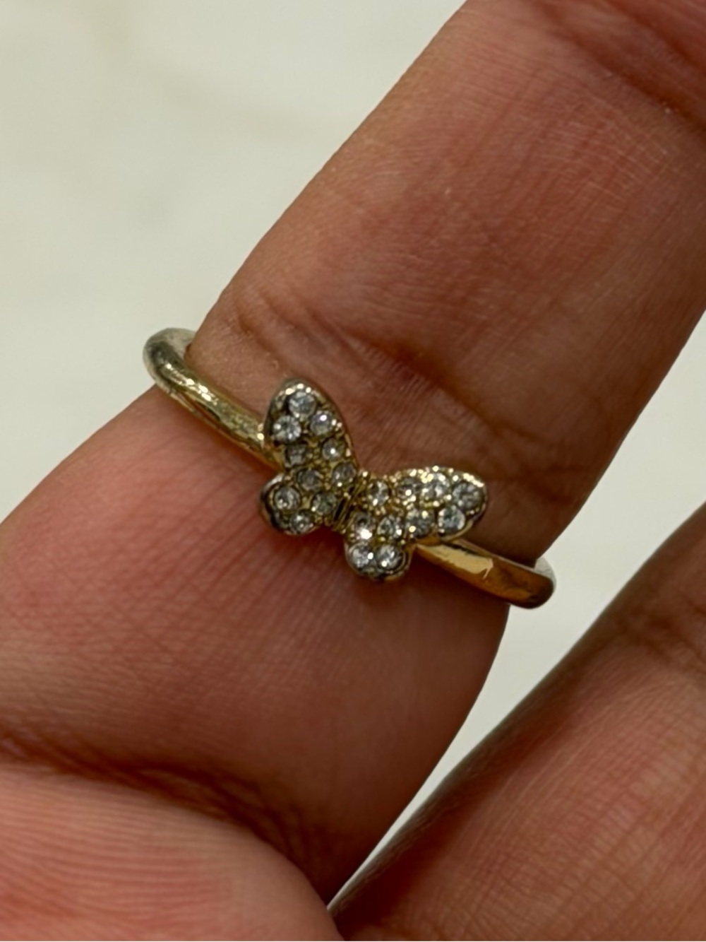 Gold Tone Rhinestone Butterfly Ring Size 8